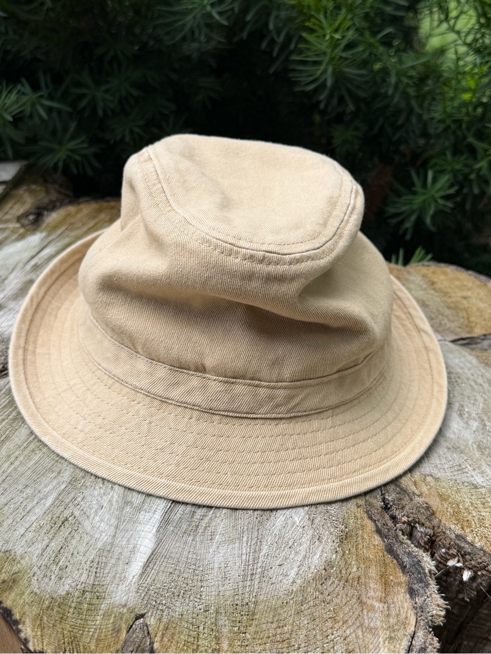 Sperry Tan Bucket Hat with Blue-Striped Lining